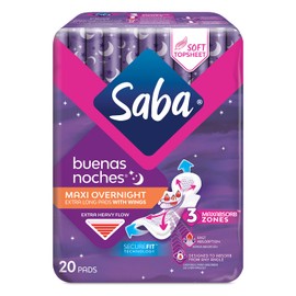 Saba Buenas Noches Overnight Maxi Pads with Wings, Built for Absorption Distribution and Protection, 60 Pads 120 Count (6 Packs of 20)