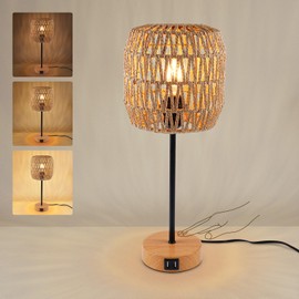 HYMELA N02 Boho Rattan Table Lamp Touch Control Dimmable Bedside Lamp with Plug-in Cord Woven Shade IImitation Wood Metal Base Farmhouse Nightstand Lamp with USB Port for Bedroom (Bulb Included)