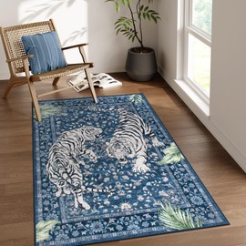 Moynesa Tiger Machine Washable Rug, 3x5 Entry Area Rug Non Slip Vintage Soft Rug for Living Room, Ultra Thin Boho Stain Resistant Kitchen Throw Mat for Entrance Bedside, Blue