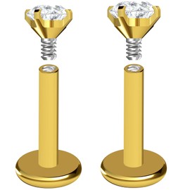 Body CAC 2PCS-16G Internally Threaded Flat Back Titanium Gold Anodised Clear Cubic Zirconia Labret Monroe Lip Rings Tragus Stud Earrings Helix Piering Jewellery