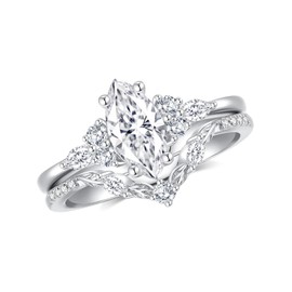 Jaransheti 1ct Marquise Cut Moissanite Engagement Ring Set For Women 18 K White Glod Plated S925 Sterling Silver Vintage Petals Leaves Women Ring Jewelry Gift(S4.5)