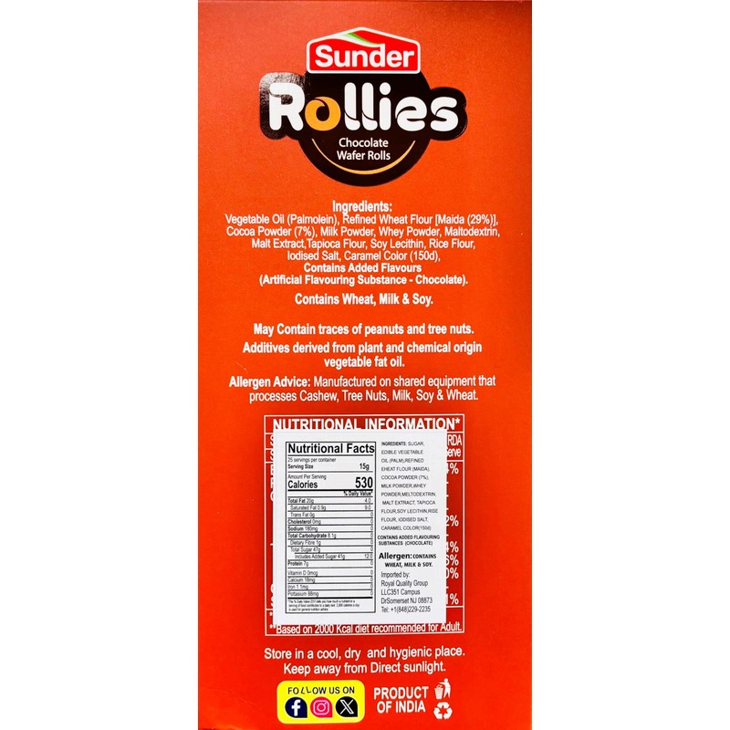Sunder Crispy Chocolate Wafers - Crunchy Outside, Chocolate Inside (rollies-1pk)