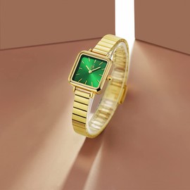 SHENGKE SK Fashion Women's Watches Minimalist Simplicity Square Women's Watches, Green-gold, Bracelet