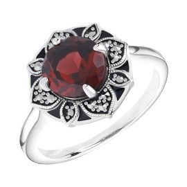 Esse Marcasite Sterling Silver Garnet Marcasite & Black Enamel Art Nouveau Ring (N)