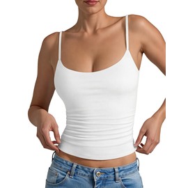 AURUZA Tank Tops for Women, Camisole Tops Double Lined Sleeveless Going Out Summer Tops Basic Spaghetti Strap Cami Shirts (Cream, S)