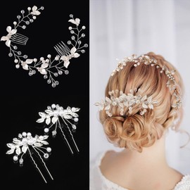 3 PCS Bridal Hair Accessories Pearl Rhinestone Leaf Headband Crystal Leaf Hair Clips Gold Handmade Wedding Hair Accessories for Brides Bridesmaids