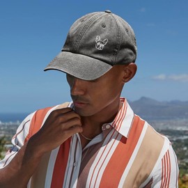 THE HOUSE OF DOG: French Bulldog Owner Gift. Distressed Vintage Washed 100% Heavyweight Brushed Cotton Embroidered 6 Panel Low Profile Baseball Cap. Black