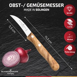 Schwertkrone Messer Solingen Germany Obstmesser/Gemüsemesser Scharf/Schälmesser Holz Olive 15,5 cm gebogen rostfrei Vogelschnabel (1)