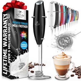 Zulay Kitchen Tornado Whisk Milk Frother Handheld - Coffee Frother Wand With Stand - Triple Whisk Hand Held Mixer - Electric Stirrer Frothing Wand for Latte, Matcha, Protein Powder - Metallic Black