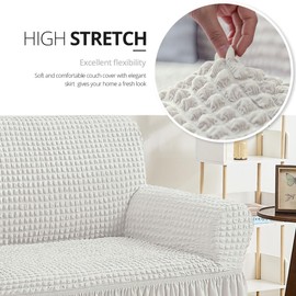 NICEEC Sofa Slipcover Ivory Sofa Cover 1 Piece Easy Fitted Sofa Couch Cover Universal High Stretch Durable Furniture Protector with Skirt Country Style (3 Seater Ivory)