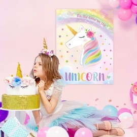 WERNNSAI Pin The Horn On The Unicorn Birthday Party Games for Kids - 21" X 28" Unicorn Theme Party Decorations Supplies Girls Unicorn Game Poster with 24pcs Horns Stickers School Classroom Activities