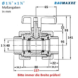 Baumaxxe PVC Ball Valve 1 1/2 Inch Internal Thread (G1 1/2) I Shut-off Valve 2-Way PN10 Screw Connection Radially Expandable I For AG Fittings Pool Piping Pond Aquaristics Drainage Irrigation I bm038