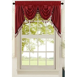 All American Collection New Attached Solid Faux Silk Double Waterfall Valance with Tails (55" x 32", Burgundy Valance)