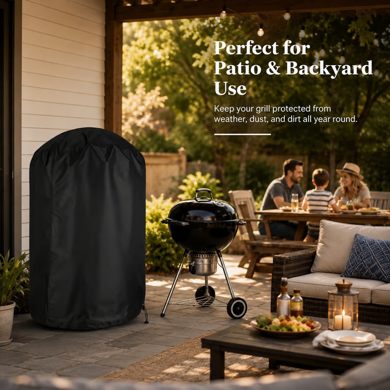 Black BBQ Grill Cover for Outdoor Cooking – Fabric Round