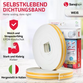 Sanojtape Dichtungsband, E-Profil Weiß, 16 Meter Selbstklebende EPDM-Gummidichtung Ideal Dämmung Isolierung Fenstern Türen 16 Meter Energieeffizienz E-Profil