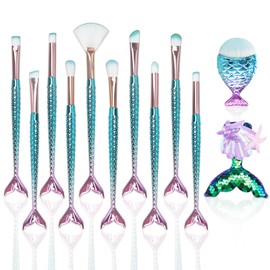 12 Pieces Makeup Brush Set with Mermaid Beauty Hair Clip, Women Cosmetic Brush Set Foundation Powder Eyeliner Blush Concealer Brush Children Girls Christmas Makeup Tool Set Gifts
