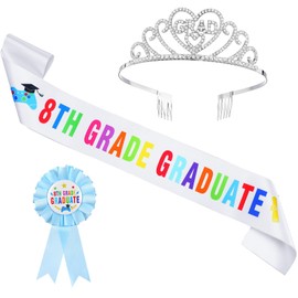 Misdary 8th Grade Graduation Sash and Crown Badge Pin Class of 2025 Graduation Party Supplies Glitter Crown Tiara Sash Congrats Grad Badge 8th Grade Party Decorations for Middle School Ceremony Favors