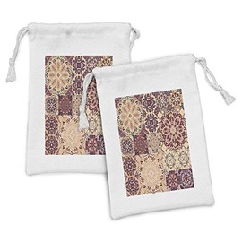 Ambesonne Vintage Fabric Pouch Set of 2, Antique Traditional Ceramic Tiles Ornamental Moroccan Image Print, Small Drawstring Bag for Toiletries Masks and Favors, 9" x 6", Dried Rose Ivory