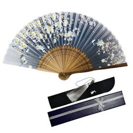 [&JuJu] Women's Fan, Seasonal Flowers, Cherry Blossoms, Bellflower, Peony, Lotus, Fan Case, Boxed, gray