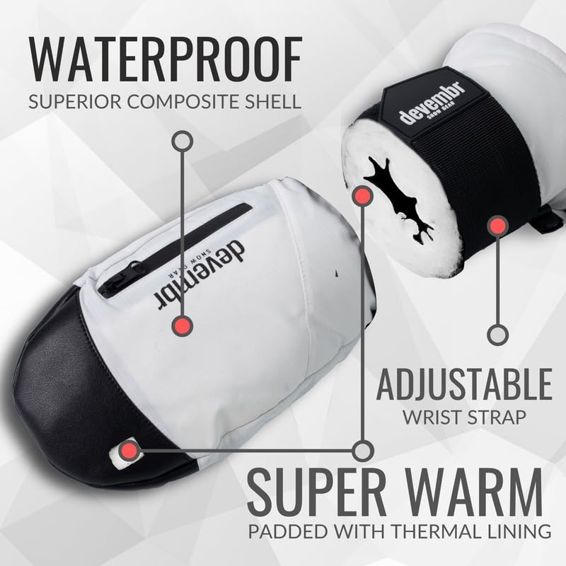 devembr Ski Mittens with Wrist Guards, Waterproof Snowboarding Mittens, White,