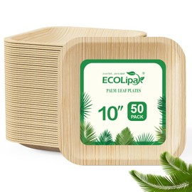 ECOLipak 10 Inch Compostable Palm Leaf Plate Like Bamboo Plate, 50 Pack Disposable Biodegradable Plates Suitable for Party, Dinner