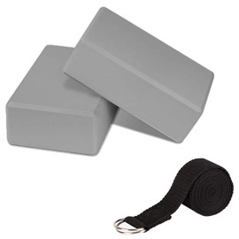 PUDSIRN Yoga Blocks Set, High Density EVA Foam Blocks, Non-Slip with Yoga Strap, Metal D-Ring to Improve Balance and Flexibility for Yoga, Pilates, Meditation, Grey, 2 Pieces