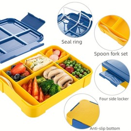 AONAT Lunchbox für Kinder,Brotdose Kinder mit Fächern, Bento Box mit 5 Fächern Besteckset, auslaufsichere Lunchbox für Kindergarten, Schule, Picknick, Ausflüge （1330ml,Blau）