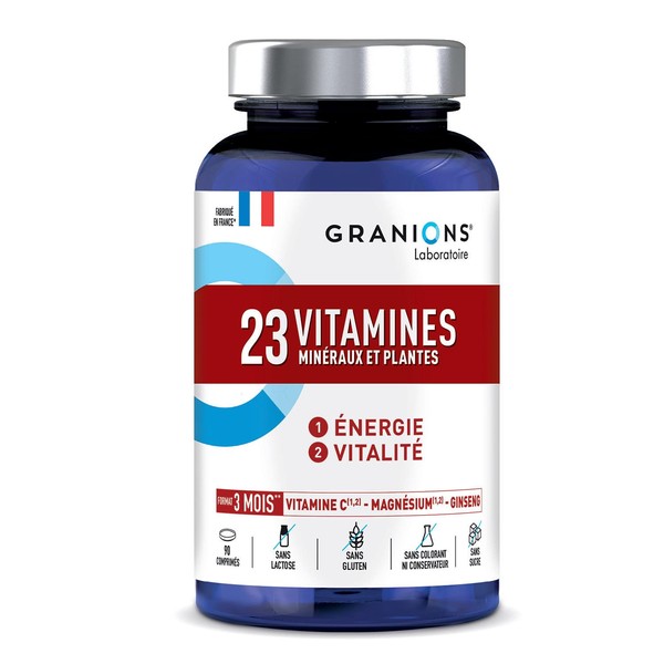 23 vitamins | GRANIONS | Multivitamins & trace elements | Magnesium, Zinc, Vitamin B12, Vitamin B1 & Vitamin D, Iron, Iode, Selenium, Ginseng | Energy & Vitality | Made in France | 3 Months