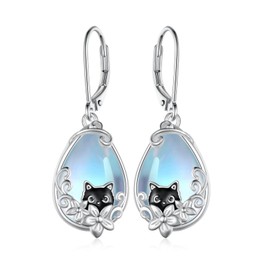Black Cat Earrings 925 Sterling Silver Moonstone Earring Cat Jewelry for Women Birthday Gift