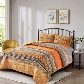 WONGS BEDDING Boho Queen Quilt Set, Yellow Orange Bohemian Queen Quilt Bedding Set, Lightweight Microfiber Bed Decor Bedspread for All Season 96"x90"(3 Pieces)