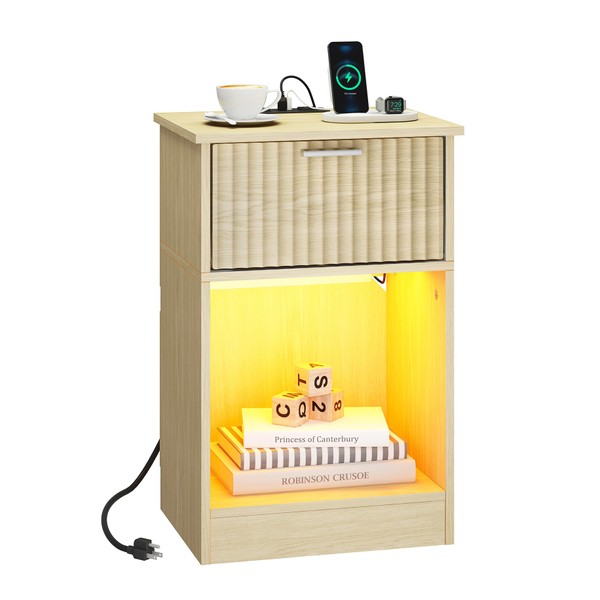 LAATOOREE Fluted Nightstand with Charging Station, Small Side End Table