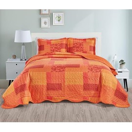 Grand Linen 3-Piece Full Size Quilt Set 90" X 88" All-Season Wave Edged Bedspread, Pillow Shams. Lightweight Soft Coverlet for Double Bed in Orange Red Colors and Patchwork Pattern