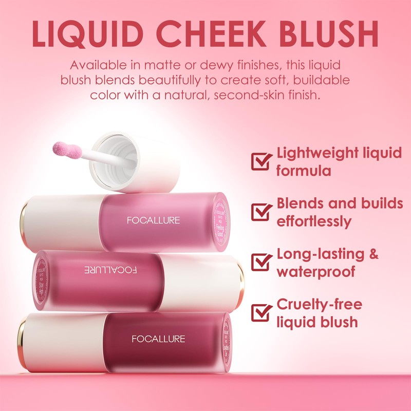 FOCALLURE Silky Cream Liquid Blush,Leaving a Matte Dewy Makeup Look,Easy