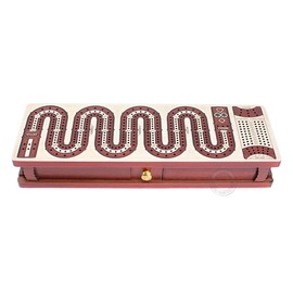 House of Cribbage - Continuous Cribbage Board Inlaid Zig Zag Shape 3 Tracks - Sliding Lid and Drawer Storage for Cards & Pegs - Maple Wood/Blood Wood
