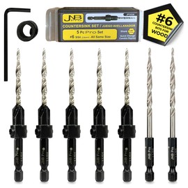 JNB Pro Countersink Drill Bit Set – 5pc Self-Centering Woodworking Bits with 4 Flutes, M2 HSS Material, 1/4" Hex Change, Depth Collar, Includes 2 Free Tapered Bits for Precision Drilling – #6 (9/64")