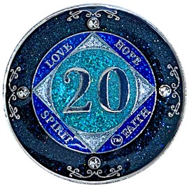 (Years 1-50) NA 20 Year Crystals and Glitter Medallion, Silver Color Plated Coin, Black Rainbow, Blue Glitter and Four Clear Crystals, Epoxy Covered (NA 20 Year Glitter & Crystals Medallion)