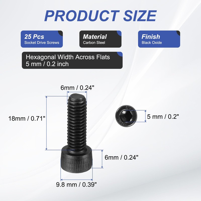 PATIKIL 25 Pcs M6 x 18 mm Hex Socket Head