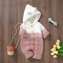 Odizli Newborn Baby Girls Boys Clothing Long Sleeve Knitted Hooded Romper Bodysuit Autumn Winter Baby Clothing, pink