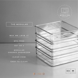 BINO | 4-Piece Drawer Organizer Bin Set | THE MODULAR | Multi-Purpose Storage | Durable | BPA-Free | Desk Drawer Organizer | Vanity Bathroom Makeup