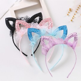 SMYAXUNW Pretty Girls Sequins Lace Cat Ears Hair Bands Little Princess Cute Cat Ears Mesh Cute Ears Elastic Hair Clips Girls Hair Accessories Hair Bands(black)