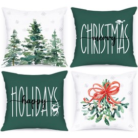Lanpn 45x45 Christmas Throw Pillow Covers Set of 4, Winter Forest Outside Outdoor Decorative Holiday Pillow Case Cushion Cover 45 x 45 for Indoor Home Bedroom Sofa Couch Xmas Decor Green