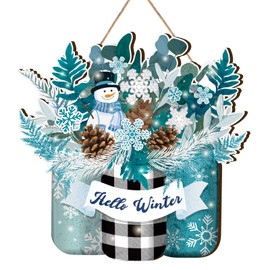 Hello Winter Door Sign Buffalo Plaid Hanging Sign Ornament Wood Christmas Snowman Sign Decor Rustic Farmhouse Hanging Plaque for Porch Farmhouse Xmas Front Door Outdoor Home Decor (Snowman Style)