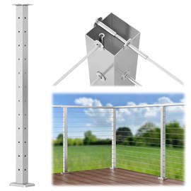 Muzata Brushed Corner Cable Railing Post T-drilled 42"x2"x2" Surface Mount One-Post Corner Solution T304 Stainless Steel Cable Railing System Kit Indoor Outdoor with Paper User Guide PS02 L34L