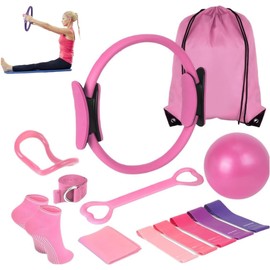 KBIBCK Pilates Ring Set, 11-Piece Pilates Accessories, Pilates Essentials Kit with Yoga Ball, Yoga Strap, Pilates Ring Set for Yoga, Pilates, Stretching and Fitness, for Legs, Arms and Thighs (Pink)