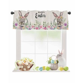 Happy Easter Valances for Windows/Bedroom/Living Room/Kitchen/Cafe, Flower Wreath Rabbit Flowers Eggs Easter Semi Sheer Small Curtain Valance Rod Pocket Light Filtering Window Treatment, 54" x 18"