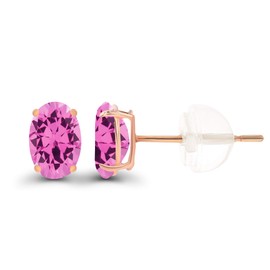 Solid 14K Rose Gold 6x4mm Oval Created Pink Sapphire Birthstone Genuine Stud Earrings For Women