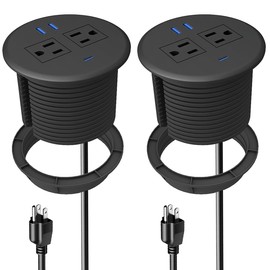 2 Pack Recessed Power Grommet with PD 20W Fast Charging USB C,Fits 3-1/8" Round Holes.Fadossu Desktop Flush Mount Power Grommet Outlet with 2-AC Outlet,3-USB Port,5FT Power Cord,Black