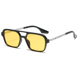 RUNHUIS Vintage Classic 70s Square Sunglasses for Women Men Trendy Retro Slim Rectangle Glasses, Black/Silver/Yellow