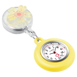 Tiong Pattern Design Nurse Watch, Flip Collar Watch Clip Style Pocket Watch, Retractable Arabic Numeral Dial Nurse Pocket Watch-Yellow