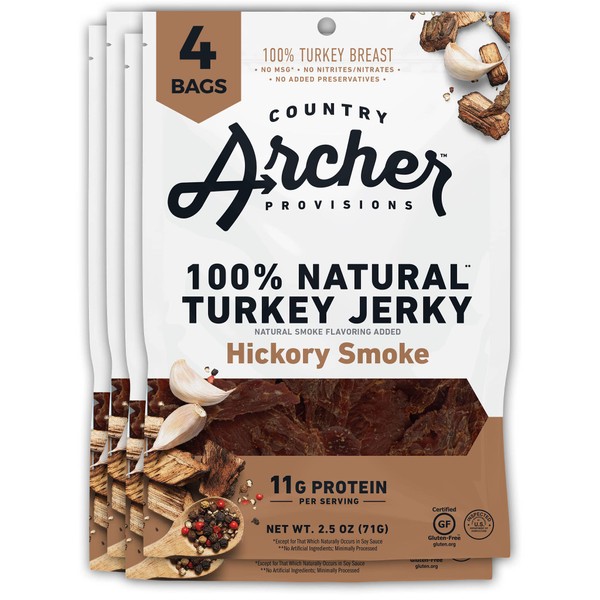 Hickory Smoke Turkey Jerky by Country Archer, 100% Natural, Gluten Free, Protein Snacks, 2.5 Ounce, 4 Pack